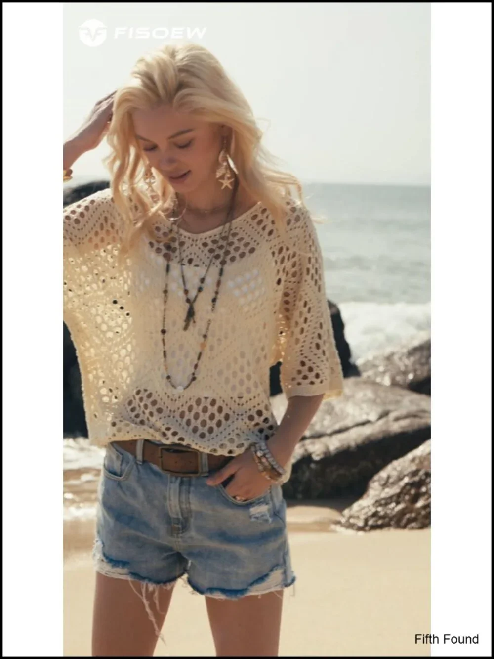 Women's Crochet Cover Up Top Short Sleeve Hollow Out Summer Beach Swimsuit
